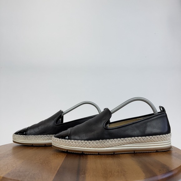 Womens Paul Green Black Leather Perforated Espadrille Cap Toe Loafers Size 8.5 M